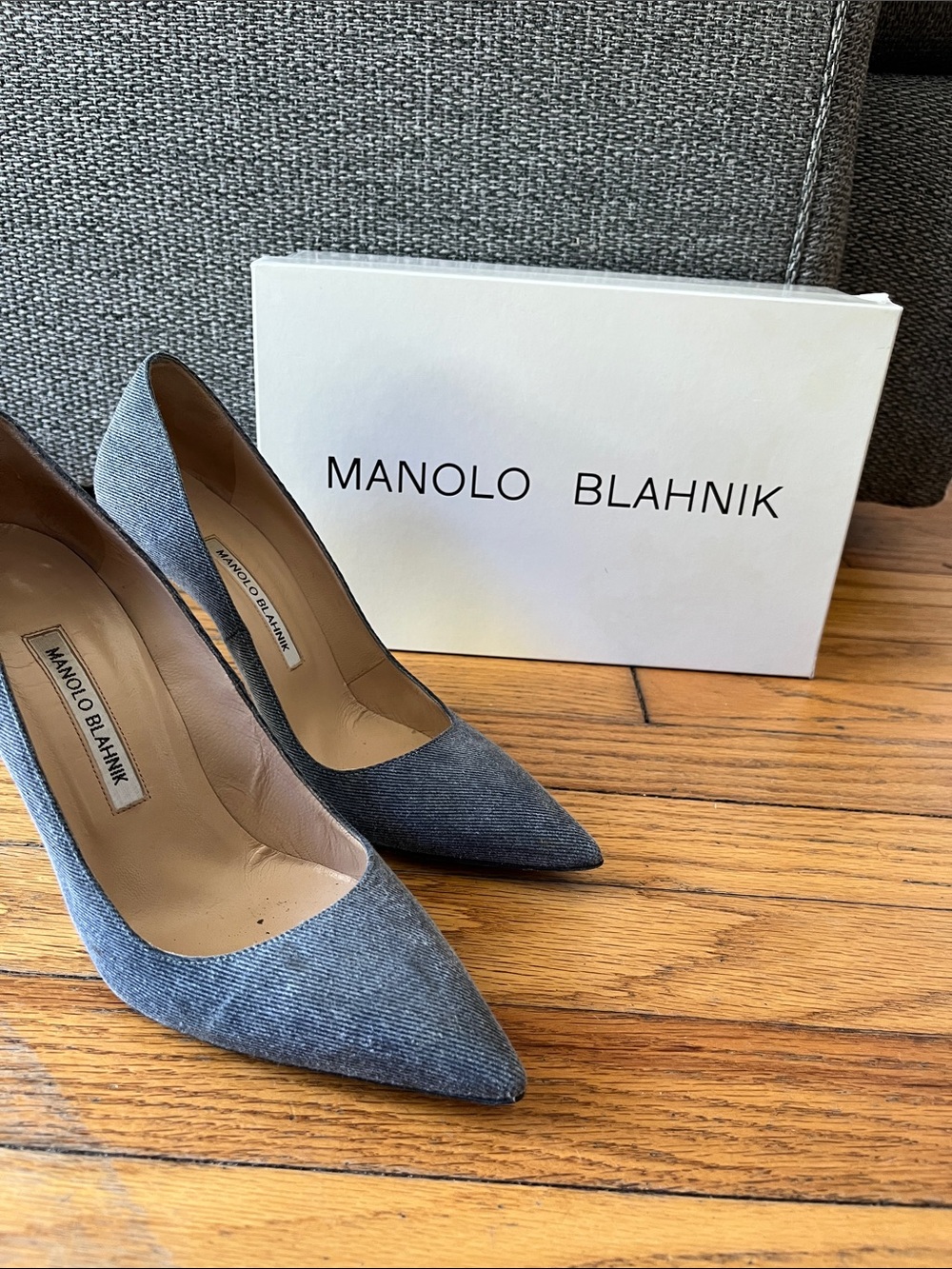 Manolo Blahnik Denim Blue Pointed-Toe Pumps with Slim Heel